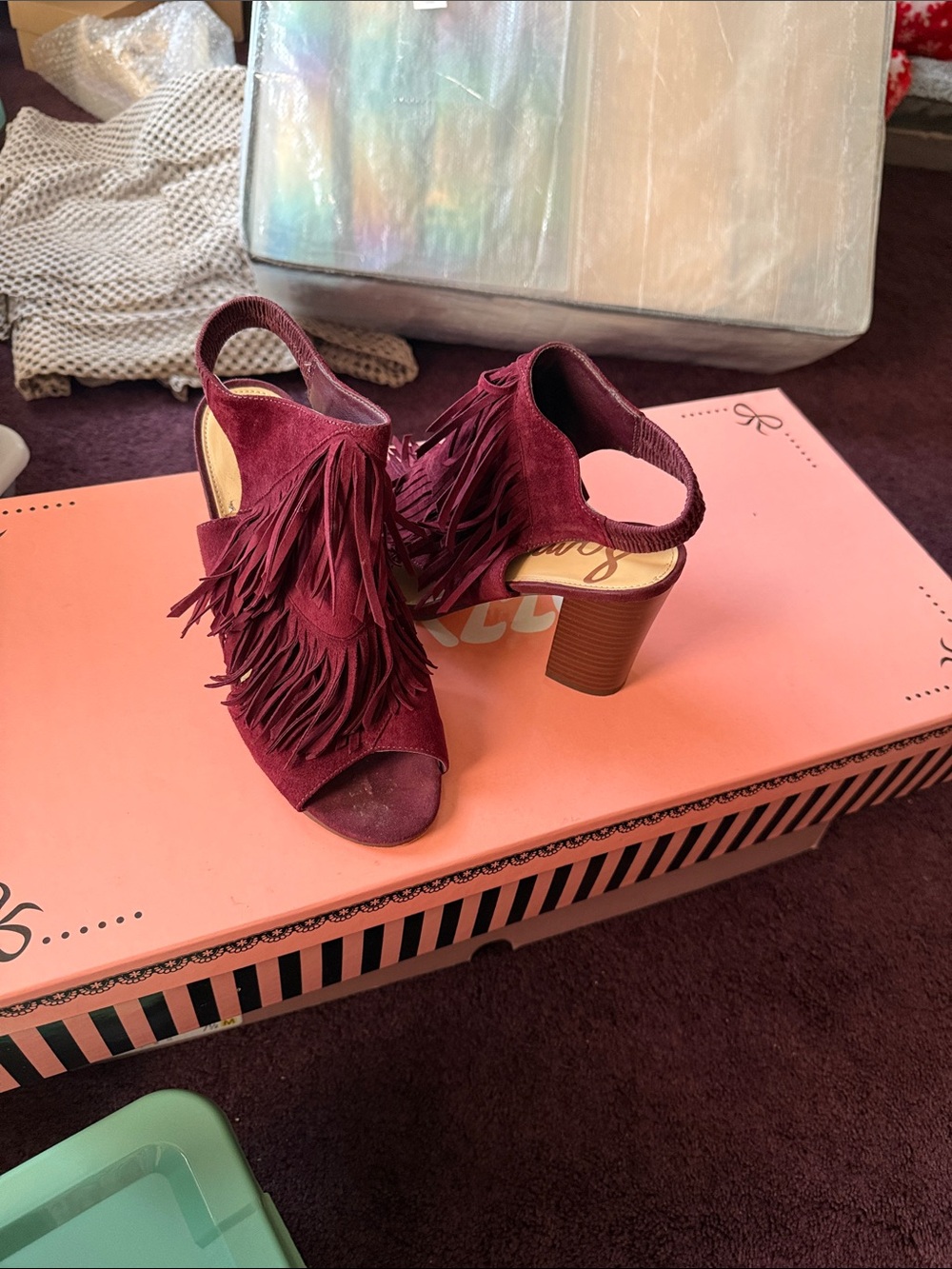 Sam Edelman Wine Fringe Open-Toe Slingback Block Heels
